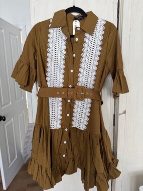Beulah Brown Mini Dress with White Lace Trim